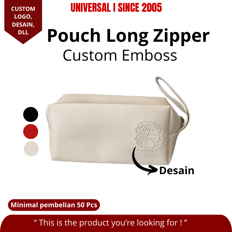 Souvenir Termurah Pouch Long Zipper Custom Emboss Unik Pesta Pernikahan Dompet Kosmetik Make Up Lipstik Logo Custom Embossed Desain Pouch Long Zipper